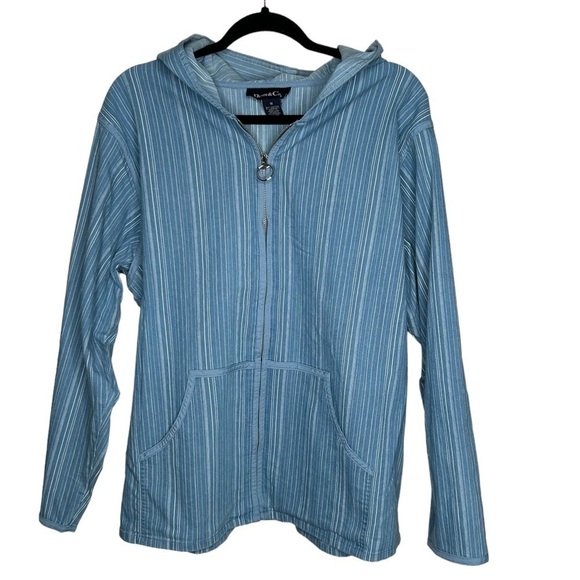 Denim & Co. Women’s Hooded Zip Front Denim Jacket 1X Stripe Dk Blue - Picture 1 of 3